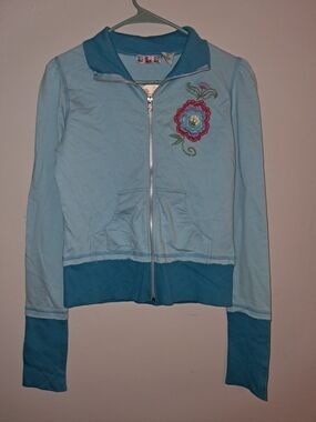 Women's Light Blue Embroidered Floral Zip Y2K Bomber Jacket